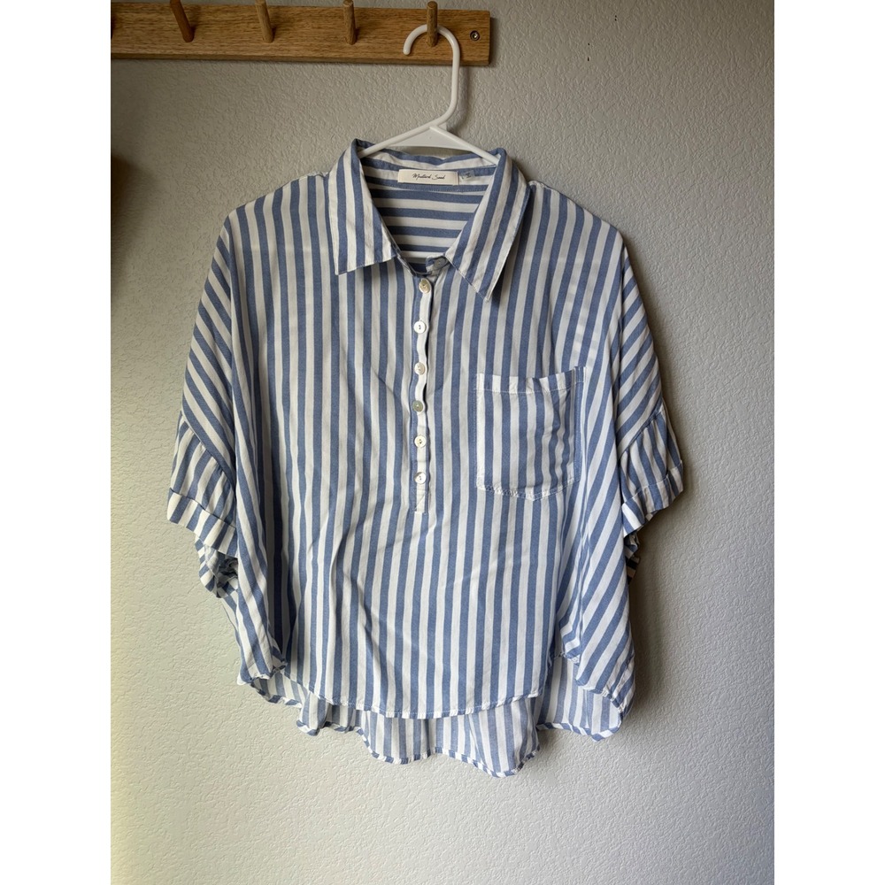 Mustard Seed Blue White Striped Button Up Top Rayon Oversized Short Sleeve L